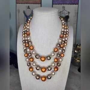 Japan Necklace Earth Tone Faux Pearl, Beaded multi-strand Mid-Century 7" drop wi